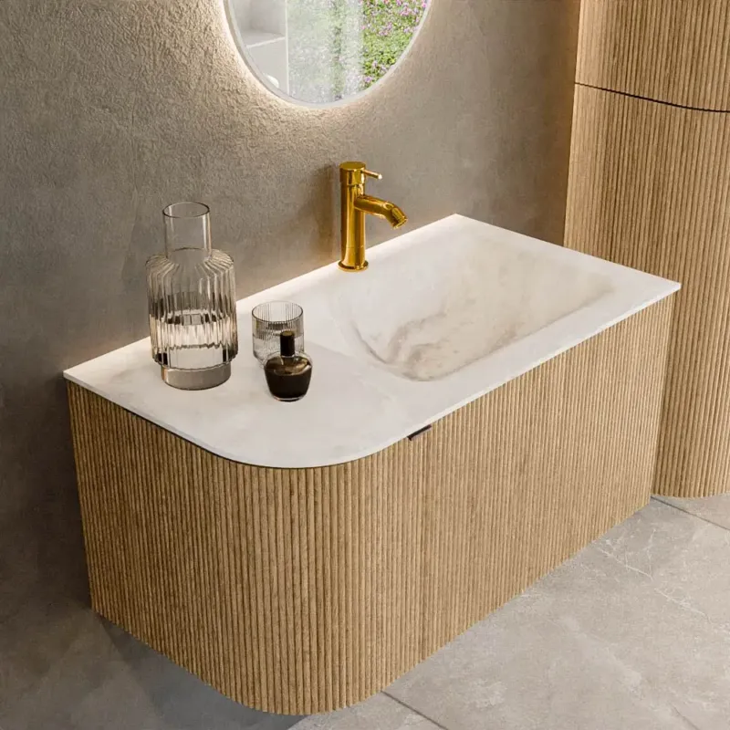 Veilige Betaling Mondiaz Kurve-dlux 85cm badmeubel ronding links oak met 1 lade en deur en wastafel cloud kraangat rechts frappe