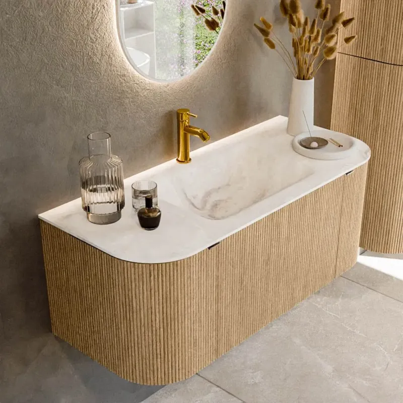 Mondiaz Kurve-dlux 110cm badmeubel ronding links/rechts oak met 1 lade en 2 deuren en wastafel cloud midden 1 kraangat frappe Veilige Betaling