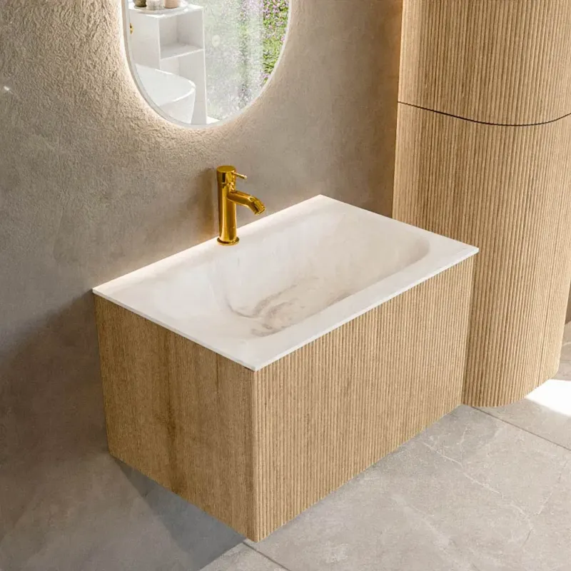 Finale Uitverkoop Mondiaz Kurve-dlux 70cm badmeubel oak met 1 lade en wastafel big small midden 1 kraangat frappe
