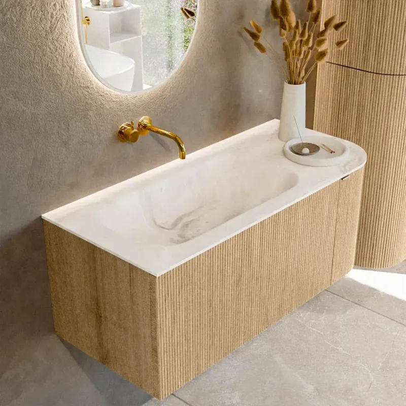 Mondiaz Kurve-dlux 105cm badmeubel ronding rechts oak met 1 lade en deur en wastafel big small links zonder kraangat frappe Lage Prijs