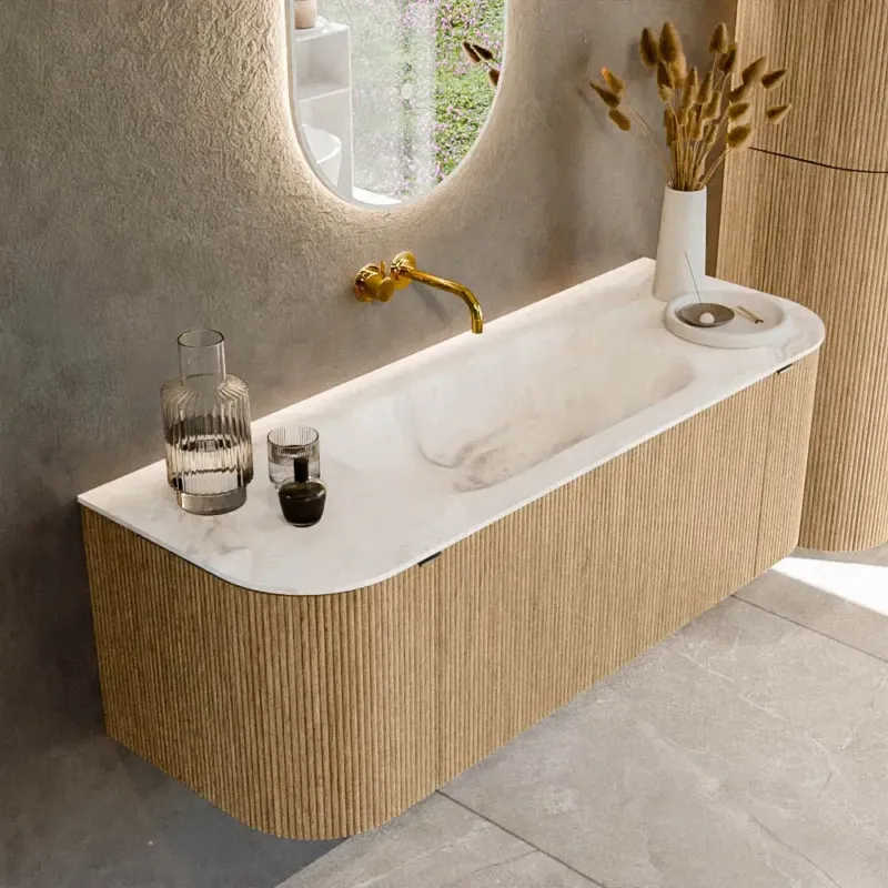 Lage Prijs Mondiaz Kurve-dlux 130cm badmeubel ronding links/rechts oak met 1 lade en 2 deuren en wastafel big small midden zonder kraangat frappe