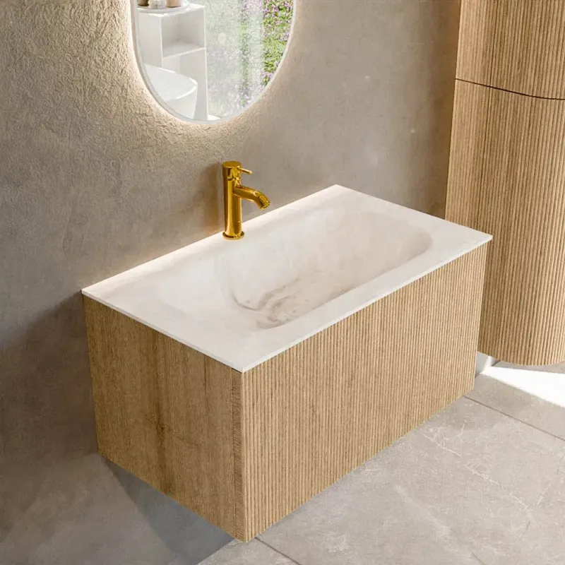 Finale Uitverkoop Mondiaz Kurve-dlux 80cm badmeubel oak met 1 lade en wastafel big small midden 1 kraangat frappe