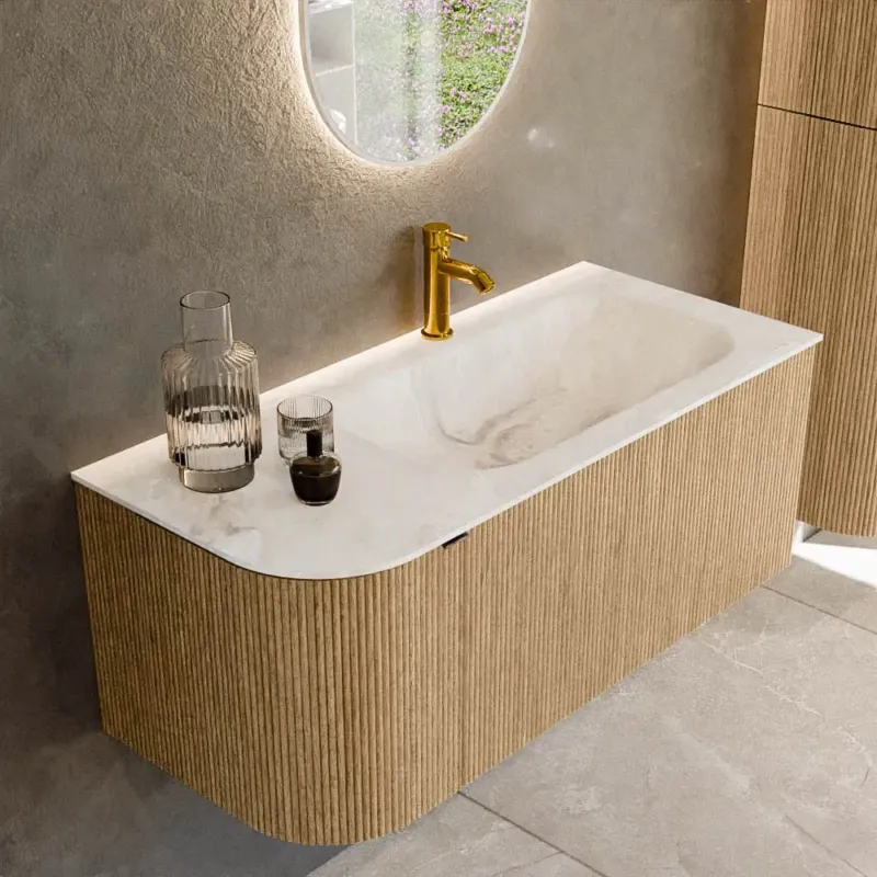 Mondiaz Kurve-dlux 105cm badmeubel ronding links oak met 1 lade en deur en wastafel big small kraangat rechts frappe Beperkt Aanbod