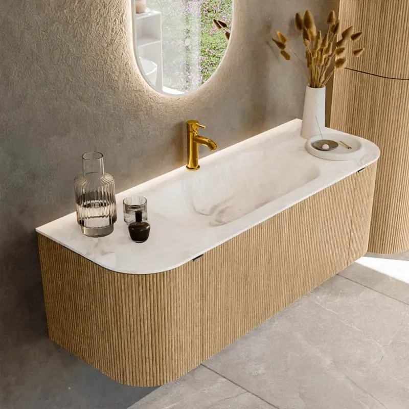Alleen Vandaag Mondiaz Kurve-dlux 130cm badmeubel ronding links/rechts oak met 1 lade en 2 deuren en wastafel big small midden 1 kraangat frappe