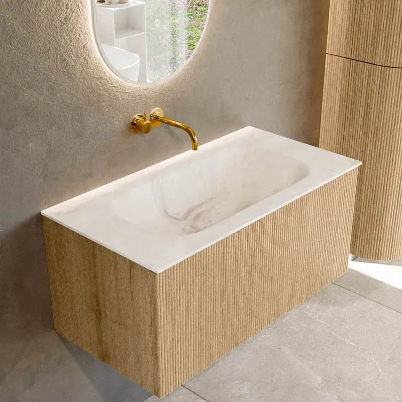 Koop Vandaag Mondiaz Kurve-dlux 90cm badmeubel oak met 1 lade en wastafel big small midden zonder kraangat frappe