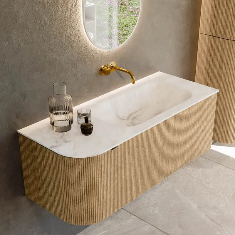 Direct Beschikbaar Mondiaz Kurve-dlux 115cm badmeubel ronding links oak met 1 lade en deur en wastafel big small rechts zonder kraangat frappe