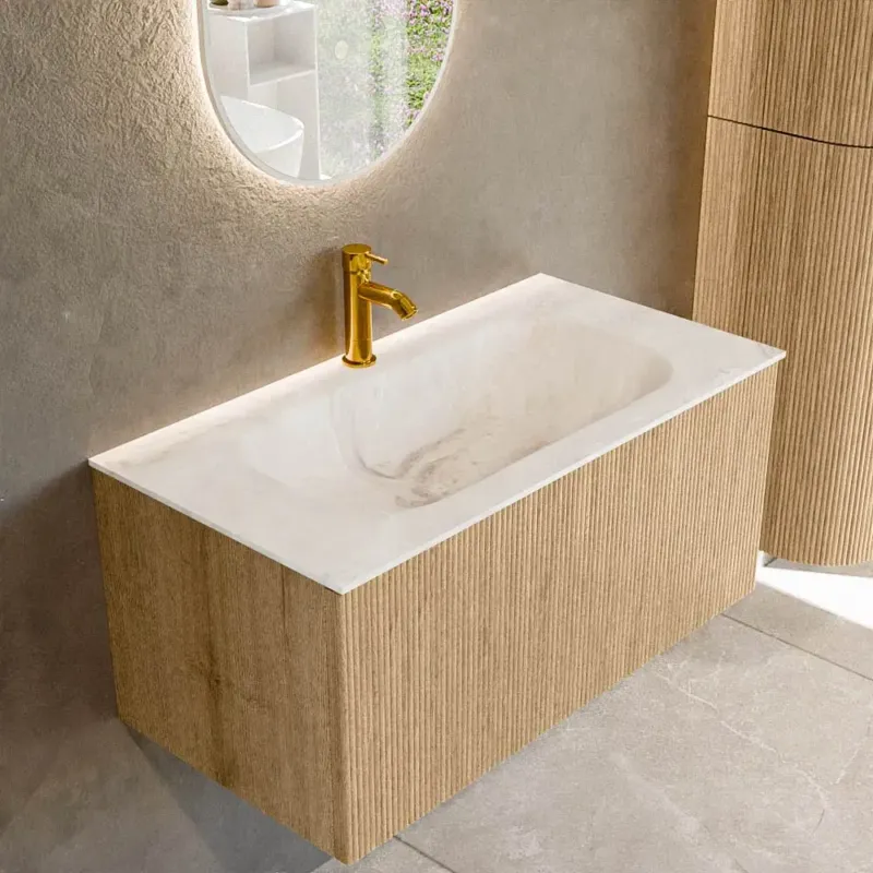 Voordeelprijs Mondiaz Kurve-dlux 90cm badmeubel oak met 1 lade en wastafel big small midden 1 kraangat frappe