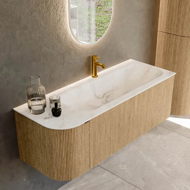 Laatste Versie Mondiaz Kurve-dlux 125cm badmeubel ronding links oak met 1 lade en deur en wastafel big medium kraangat rechts frappe