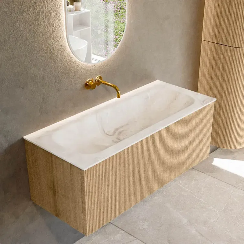 Exclusieve Aanbieding Mondiaz Kurve-dlux 110cm badmeubel oak met 1 lade en wastafel big medium midden zonder kraangat frappe