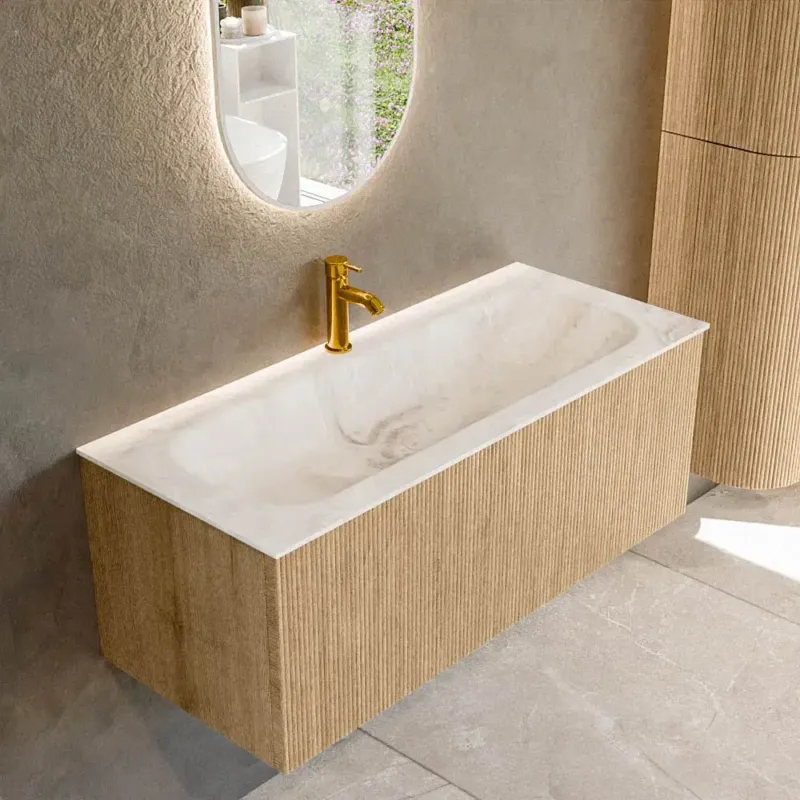 Mondiaz Kurve-dlux 110cm badmeubel oak met 1 lade en wastafel big medium midden 1 kraangat frappe Gratis Retour
