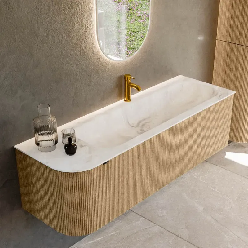 Korting Mondiaz Kurve-dlux 145cm badmeubel ronding links oak met 1 lade en deur en wastafel big large kraangat rechts frappe
