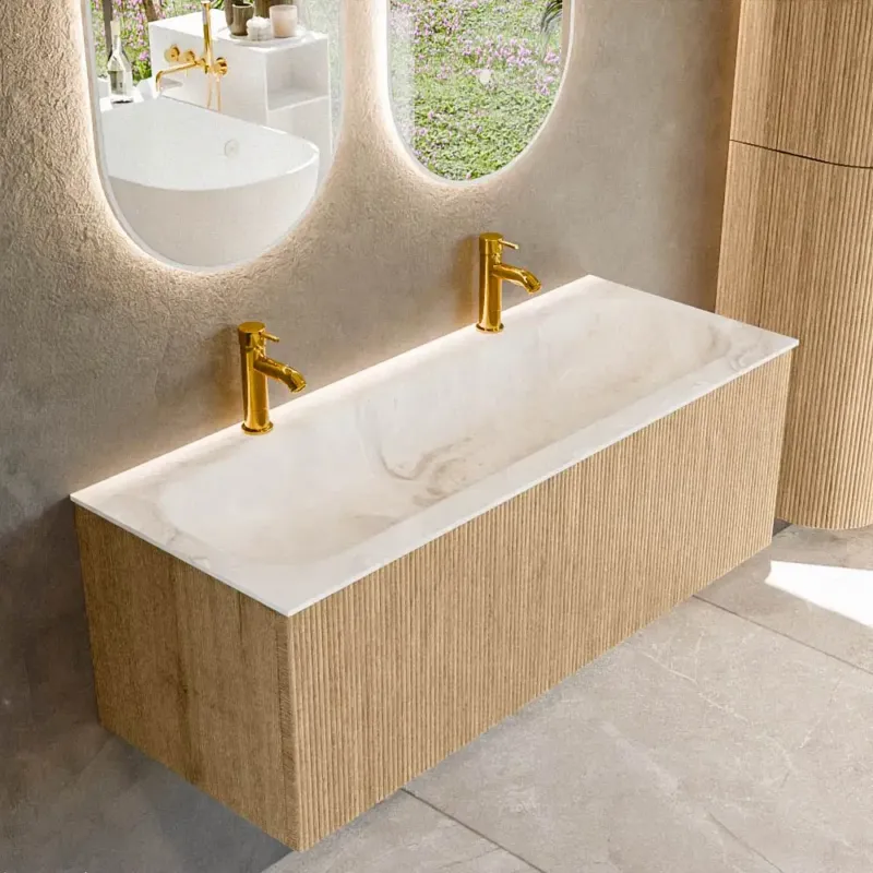 Betaalbaar Mondiaz Kurve-dlux 120cm badmeubel oak met 1 lade en wastafel big large midden 2 kraangaten frappe