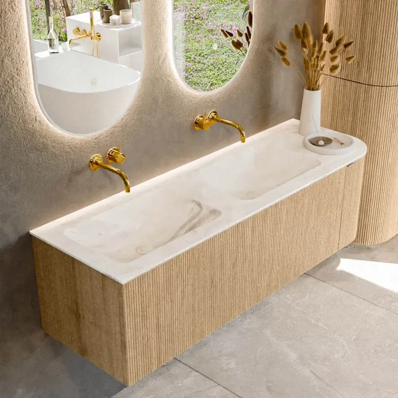 Goedkoop Mondiaz Kurve-dlux 145cm badmeubel ronding rechts oak met 1 lade en deur en wastafel leaf dubbel/links zonder kraangat frappe