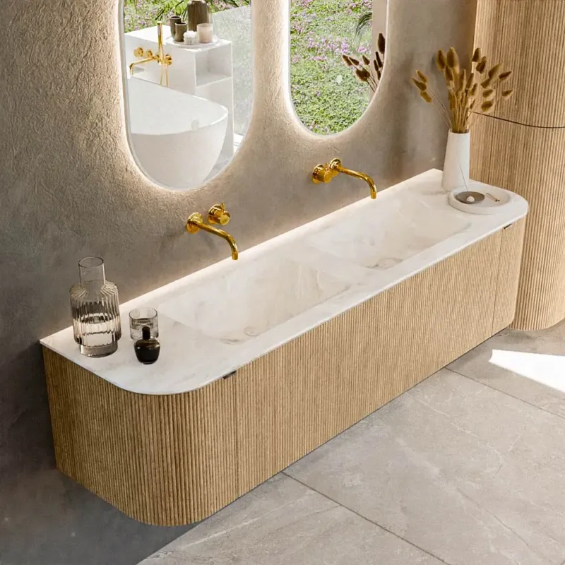 Aanbieding Mondiaz Kurve-dlux 170cm badmeubel ronding links/rechts oak met 1 lade en 2 deuren en wastafel leaf dubbel zonder kraangat frappe