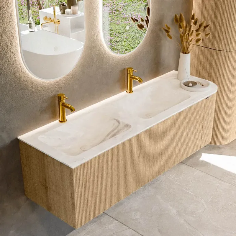 Bestseller Mondiaz Kurve-dlux 145cm badmeubel ronding rechts oak met 1 lade en deur en wastafel leaf dubbel/links 2 kraangaten frappe