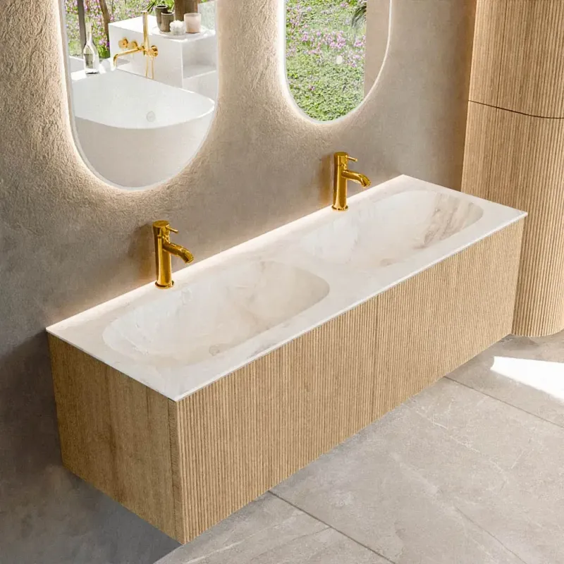 Bestel Nu Mondiaz Kurve-dlux 140cm badmeubel oak met 2 lades en wastafel stor small dubbel 2 kraangaten frappe