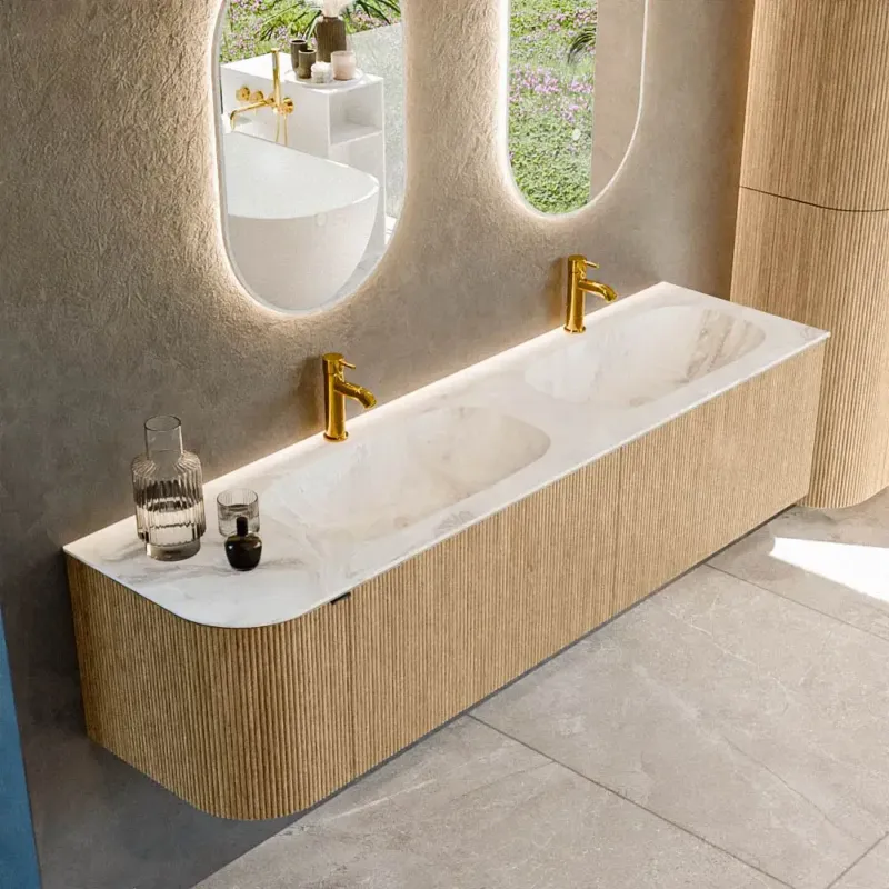 Hoge Kwaliteit Mondiaz Kurve-dlux 175cm badmeubel ronding links oak met 2 lades en 1 deur en wastafel stor small dubbel/rechts 2 kraangaten frappe