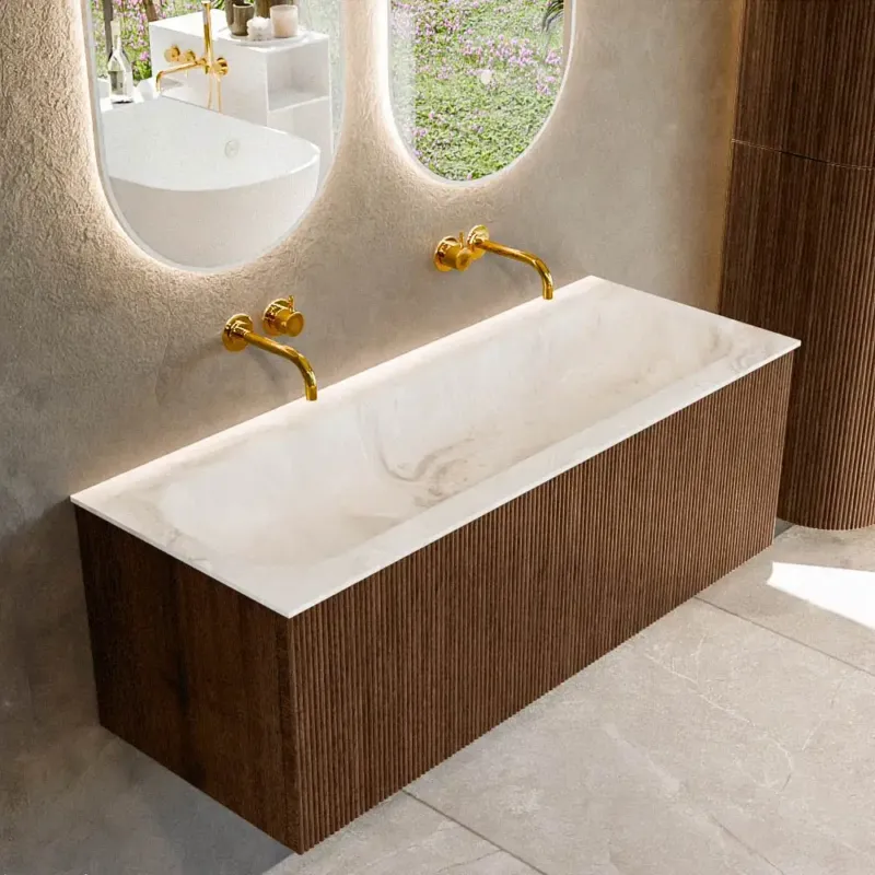 Gecertificeerd Mondiaz Kurve-dlux 120cm badmeubel walnut met 1 lade en wastafel big large midden zonder kraangat frappe