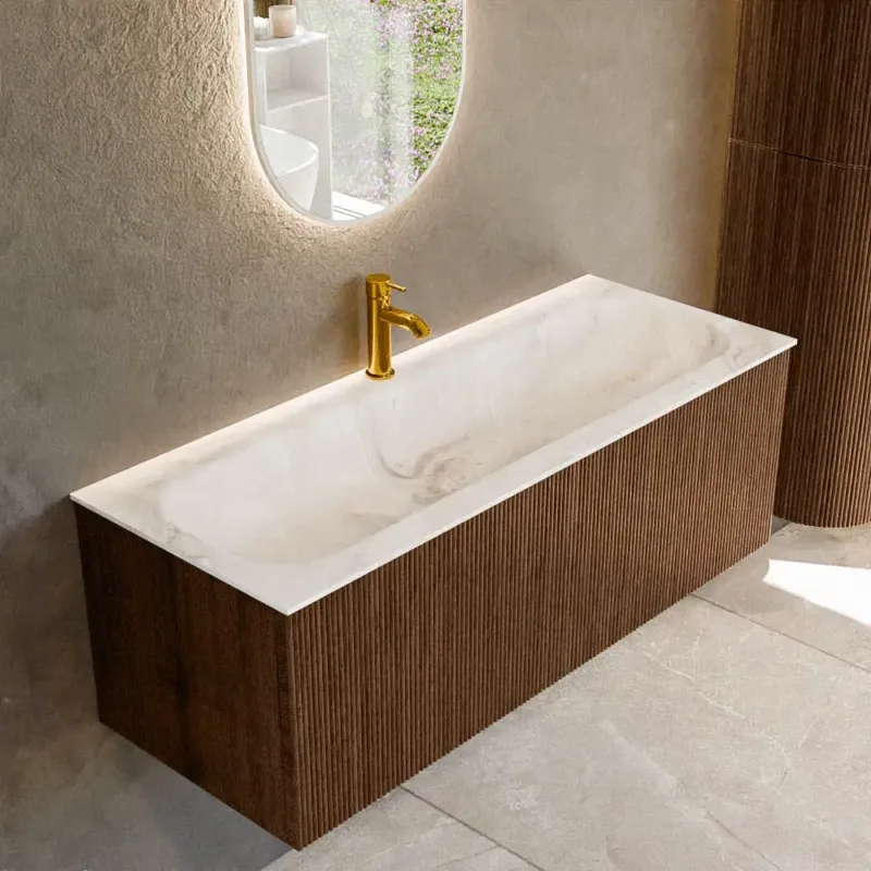 Must-Have Mondiaz Kurve-dlux 120cm badmeubel walnut met 1 lade en wastafel big large midden 1 kraangat frappe