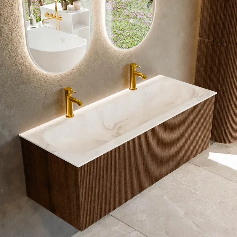 Laatste Versie Mondiaz Kurve-dlux 120cm badmeubel walnut met 1 lade en wastafel big large midden 2 kraangaten frappe