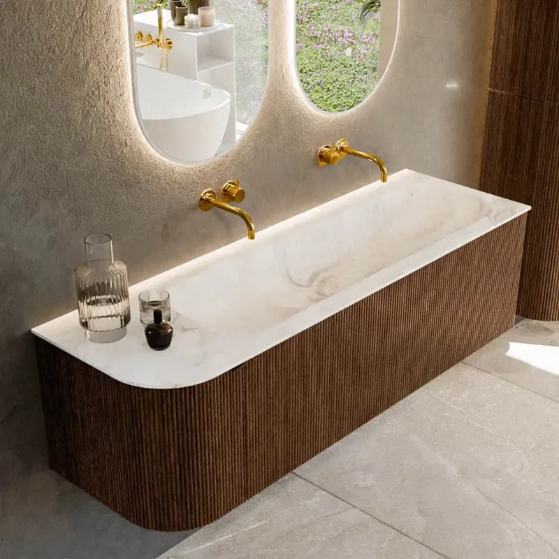 Mondiaz Kurve-dlux 145cm badmeubel ronding links walnut met 1 lade en deur en wastafel big large rechts zonder kraangat frappe Koopje