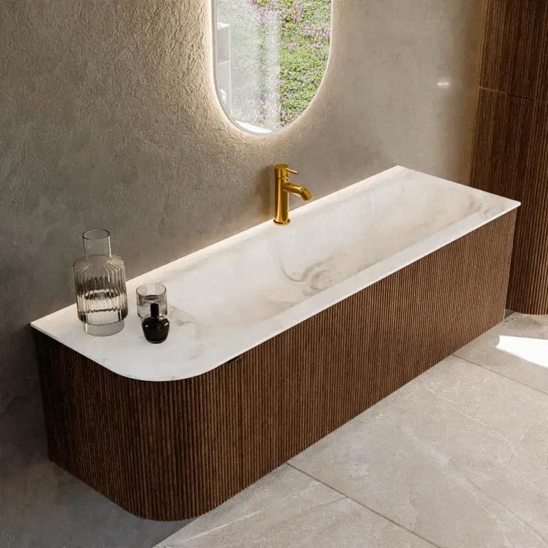 Mondiaz Kurve-dlux 145cm badmeubel ronding links walnut met 1 lade en deur en wastafel big large kraangat rechts frappe Must-Have