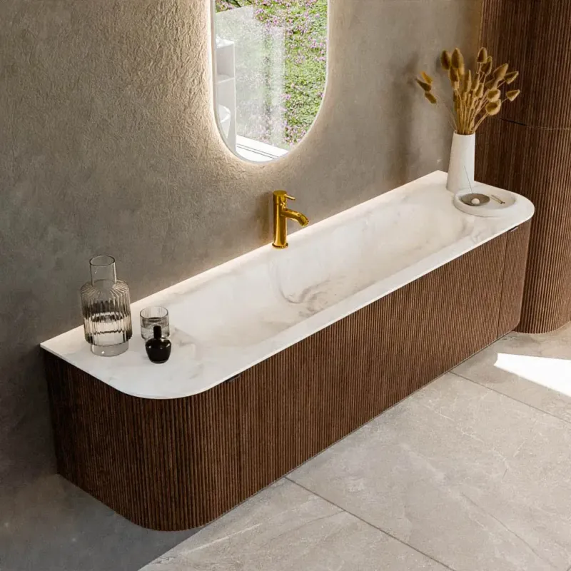 Uitverkoop Mondiaz Kurve-dlux 170cm badmeubel ronding links/rechts walnut met 1 lade en 2 deuren en wastafel big large midden 1 kraangat frappe