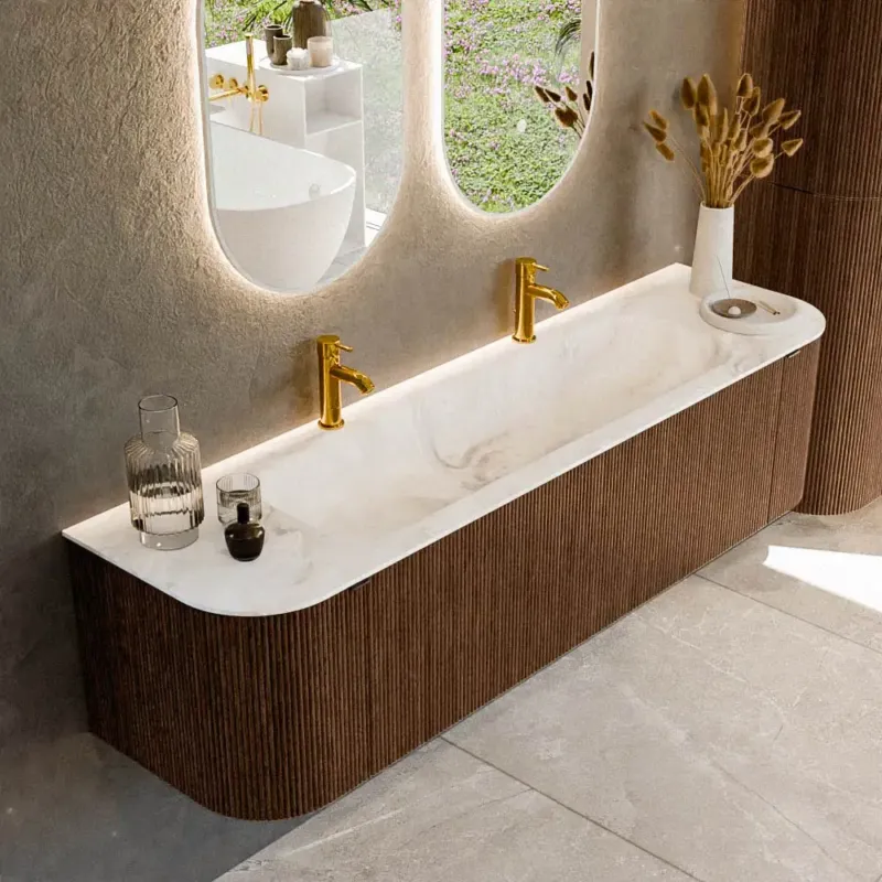 Mondiaz Kurve-dlux 170cm badmeubel ronding links/rechts walnut met 1 lade en 2 deuren en wastafel big large midden 2 kraangaten frappe Snelle Levering