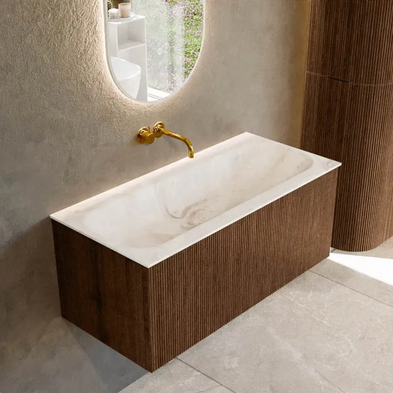Direct Verzonden Mondiaz Kurve-dlux 100cm badmeubel walnut met 1 lade en wastafel big medium midden zonder kraangat frappe
