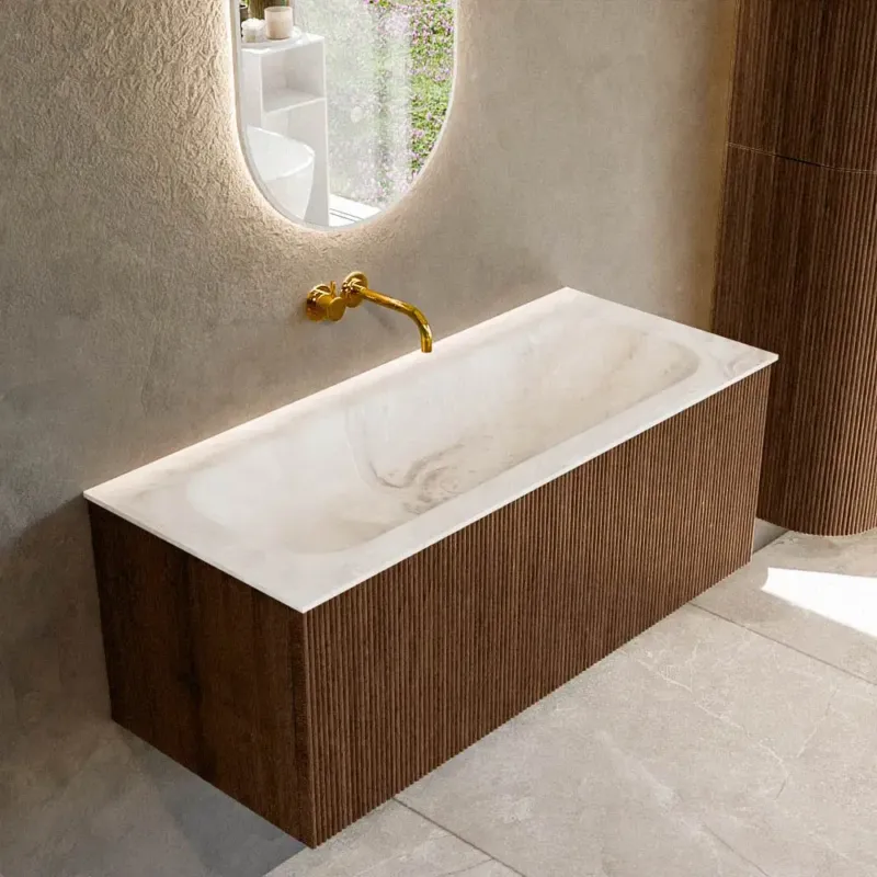 Betaalbaar Mondiaz Kurve-dlux 110cm badmeubel walnut met 1 lade en wastafel big medium midden zonder kraangat frappe