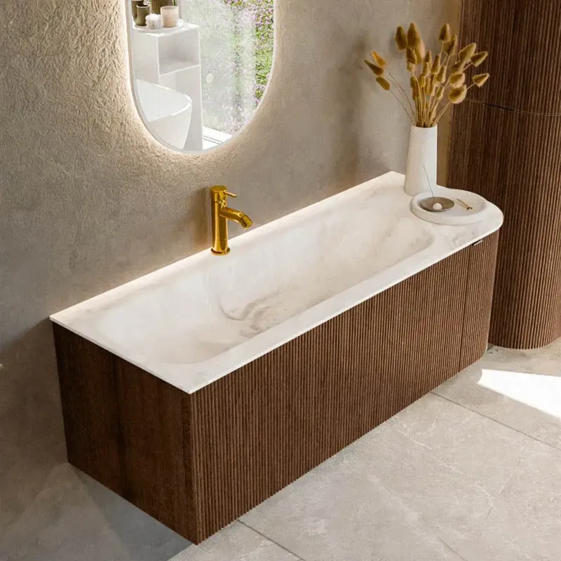 Mondiaz Kurve-dlux 125cm badmeubel ronding rechts walnut met 1 lade en deur en wastafel big medium kraangat links frappe Rechtstreeks Van De Fabrikant