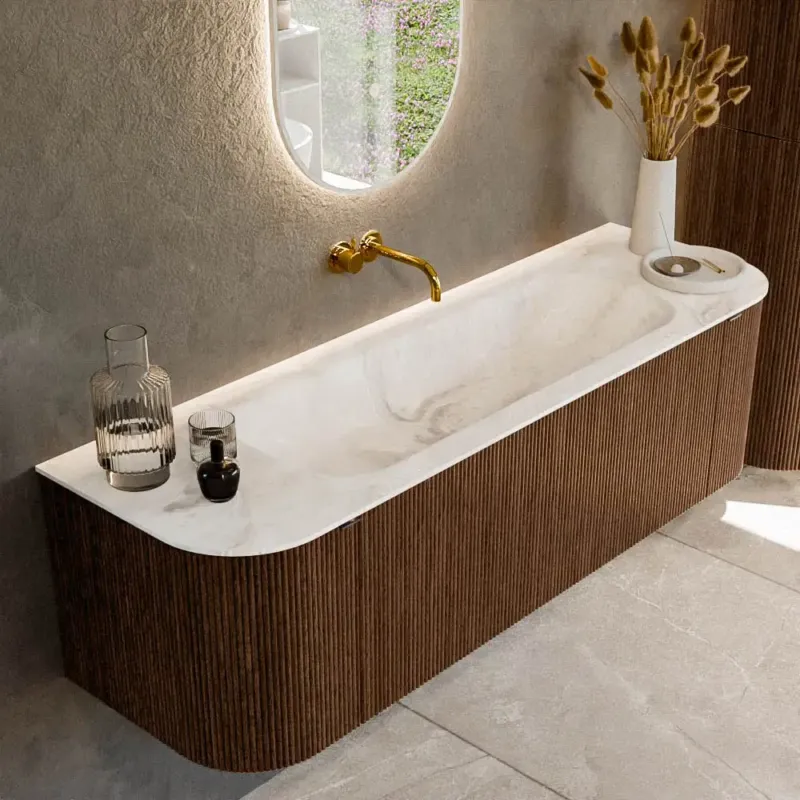 Beperkt Aanbod Mondiaz Kurve-dlux 150cm badmeubel ronding links/rechts walnut met 1 lade en 2 deuren en wastafel big medium midden zonder kraangat frappe