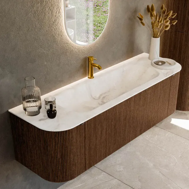 Tijdelijk Beschikbaar Mondiaz Kurve-dlux 150cm badmeubel ronding links/rechts walnut met 1 lade en 2 deuren en wastafel big medium midden 1 kraangat frappe