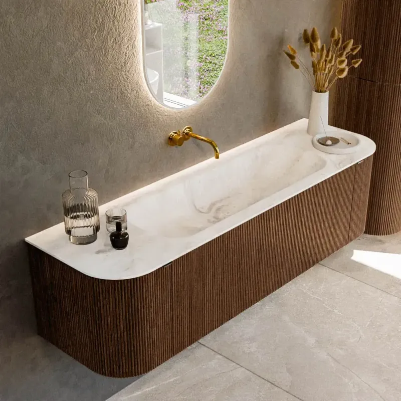 Mondiaz Kurve-dlux 160cm badmeubel ronding links/rechts walnut met 1 lade en 2 deuren en wastafel big medium midden zonder kraangat frappe Betaalbaar