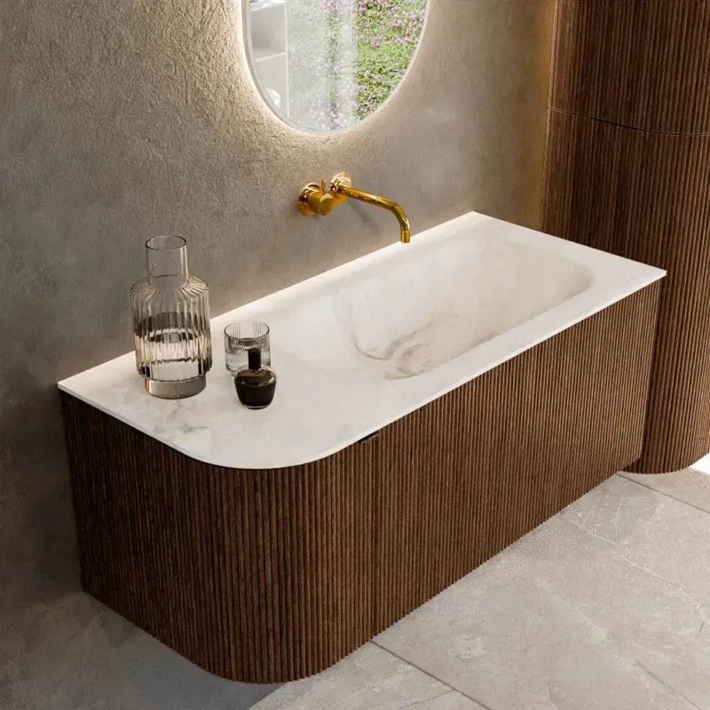 Direct Beschikbaar Mondiaz Kurve-dlux 105cm badmeubel ronding links walnut met 1 lade en deur en wastafel big small rechts zonder kraangat frappe
