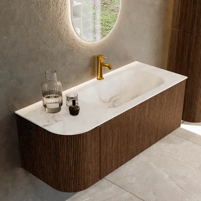 Mondiaz Kurve-dlux 115cm badmeubel ronding links walnut met 1 lade en deur en wastafel big small kraangat rechts frappe Finale Uitverkoop