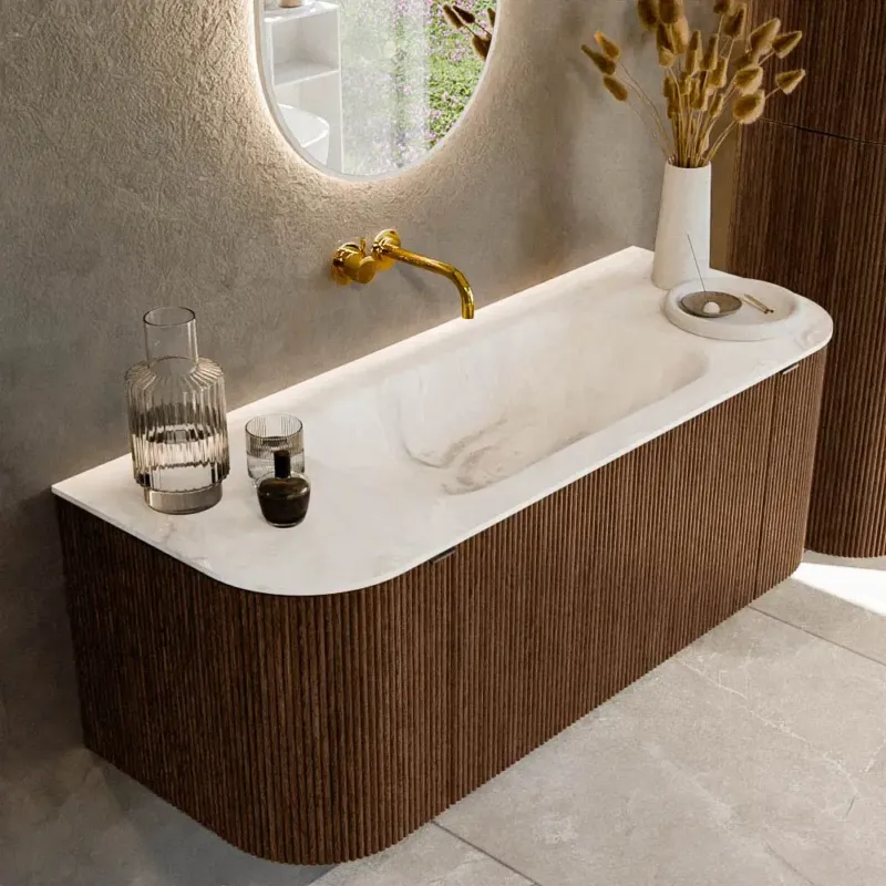 Gratis Retour Mondiaz Kurve-dlux 120cm badmeubel ronding links/rechts walnut met 1 lade en 2 deuren en wastafel big small midden zonder kraangat frappe