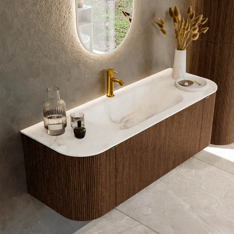 Express Levering Mondiaz Kurve-dlux 130cm badmeubel ronding links/rechts walnut met 1 lade en 2 deuren en wastafel big small midden 1 kraangat frappe