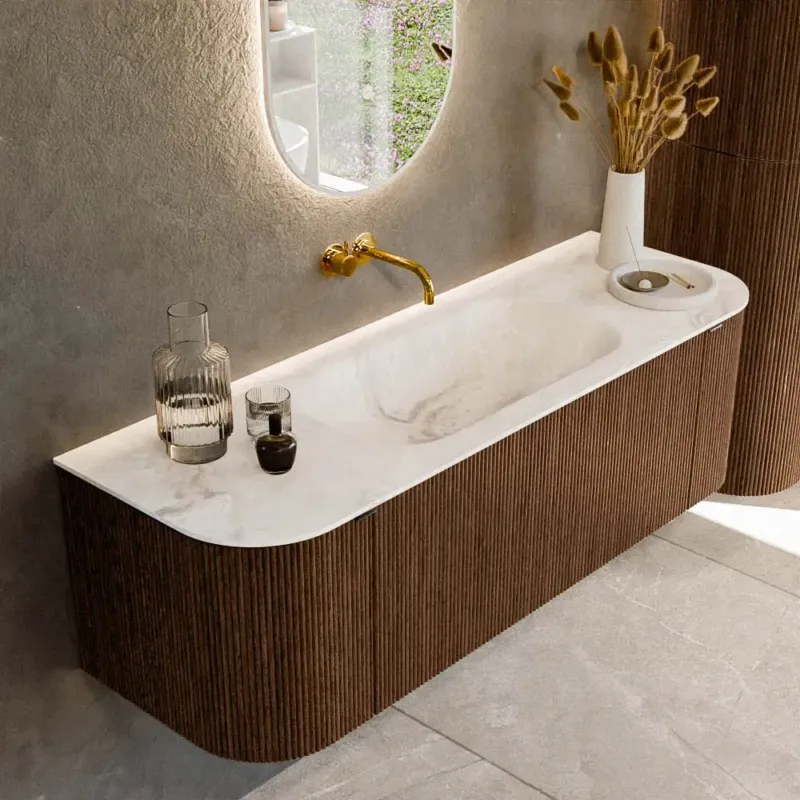 Direct Beschikbaar Mondiaz Kurve-dlux 140cm badmeubel ronding links/rechts walnut met 1 lade en 2 deuren en wastafel big small midden zonder kraangat frappe