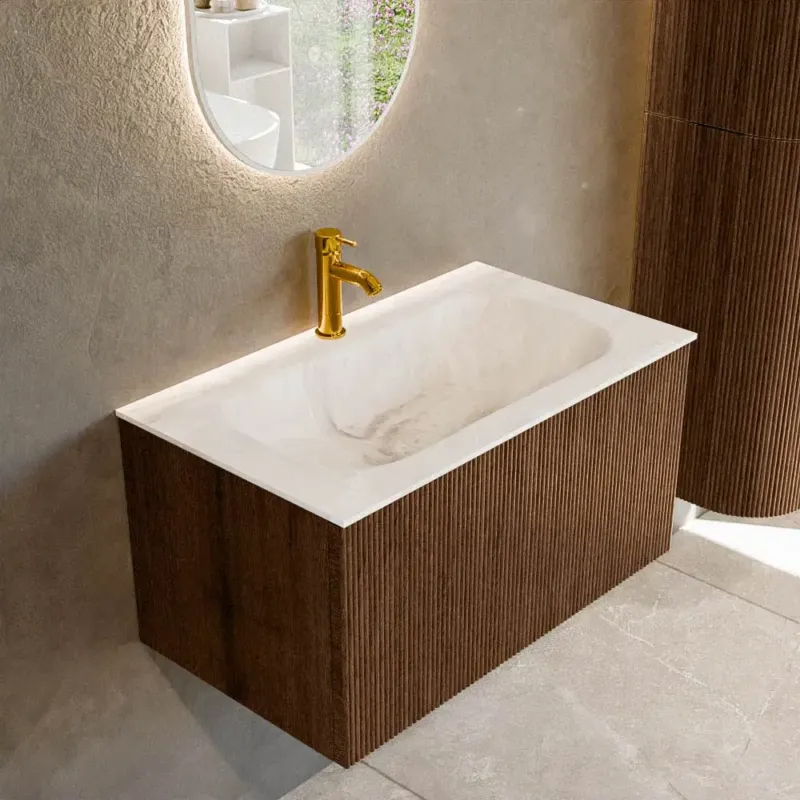 Koopje Mondiaz Kurve-dlux 80cm badmeubel walnut met 1 lade en wastafel big small midden 1 kraangat frappe