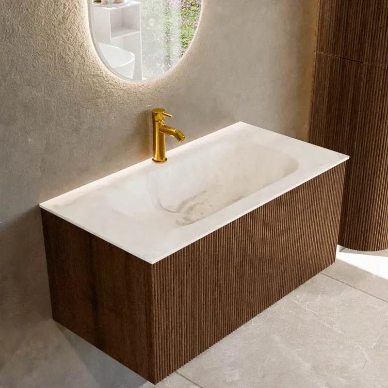 Mondiaz Kurve-dlux 90cm badmeubel walnut met 1 lade en wastafel big small midden 1 kraangat frappe Weekendaanbieding