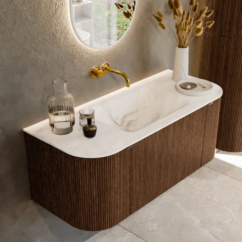 Direct Verzonden Mondiaz Kurve-dlux 110cm badmeubel ronding links/rechts walnut met 1 lade en 2 deuren en wastafel cloud midden zonder kraangat frappe