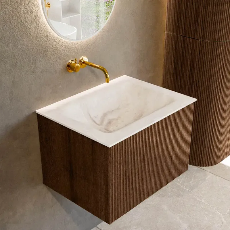 Alleen Vandaag Mondiaz Kurve-dlux 60cm badmeubel walnut met 1 lade en wastafel cloud midden zonder kraangat frappe