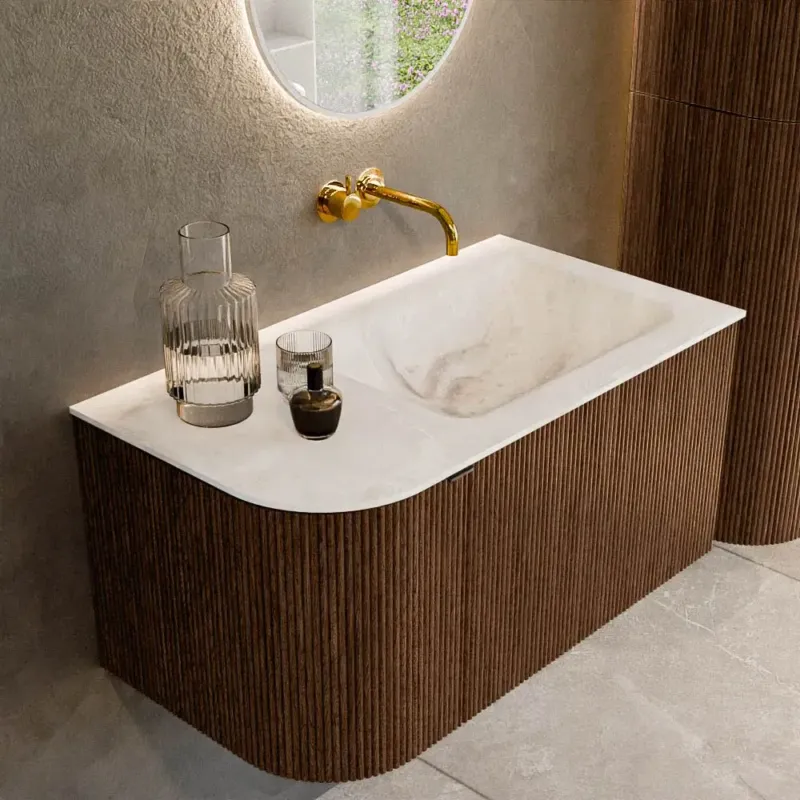 Laatste Versie Mondiaz Kurve-dlux 85cm badmeubel ronding links walnut met 1 lade en deur en wastafel cloud rechts zonder kraangat frappe