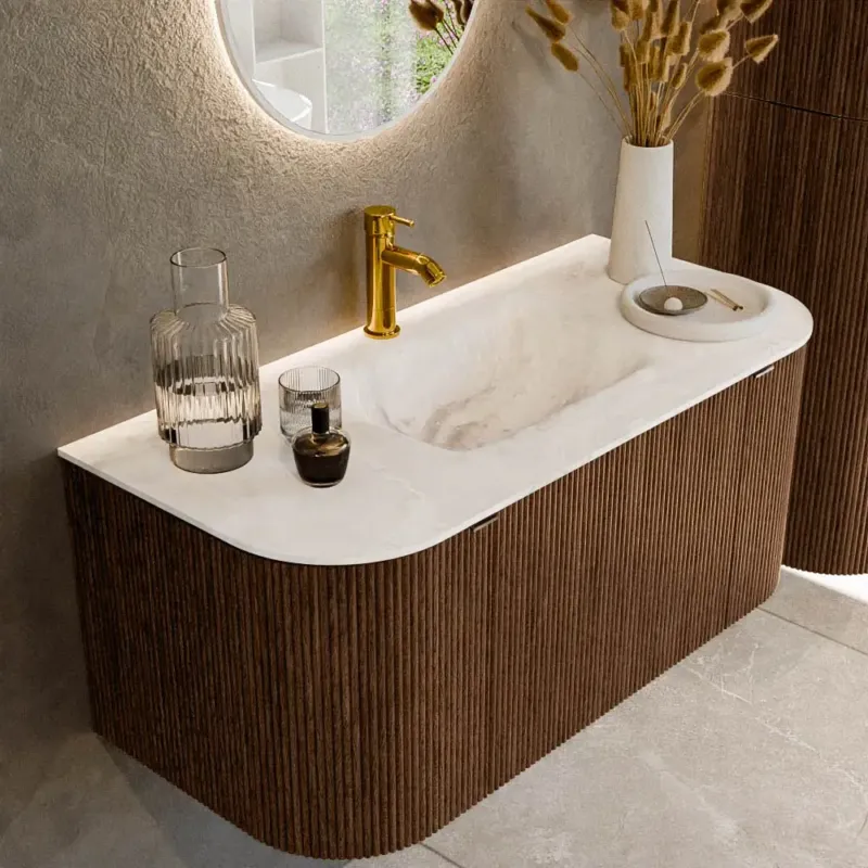 Aanbieding Mondiaz Kurve-dlux 100cm badmeubel ronding links/rechts walnut met 1 lade en 2 deuren en wastafel grunne midden 1 kraangat frappe