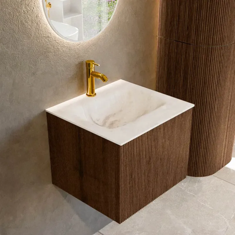 Direct Verzonden Mondiaz Kurve-dlux 50cm badmeubel walnut met 1 lade en wastafel grunne midden 1 kraangat frappe