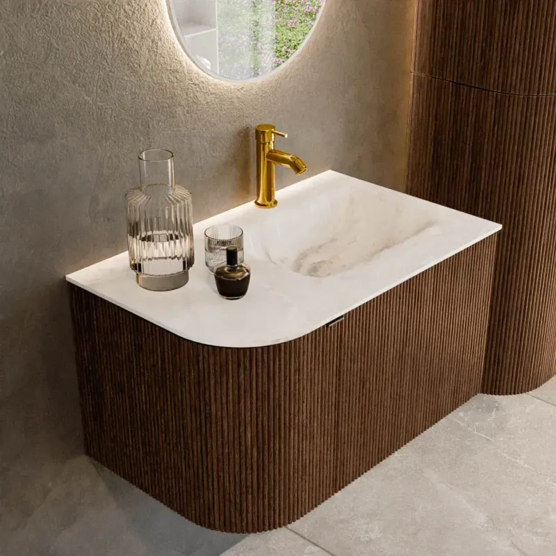 Veilige Betaling Mondiaz Kurve-dlux 75cm badmeubel ronding links walnut met 1 lade en deur en wastafel grunne kraangat rechts frappe