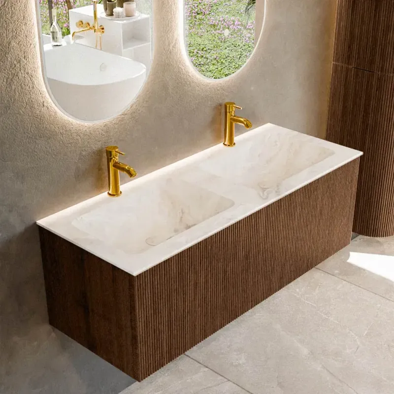 Koop Online Mondiaz Kurve-dlux 120cm badmeubel walnut met 1 lade en wastafel leaf dubbel 2 kraangaten frappe