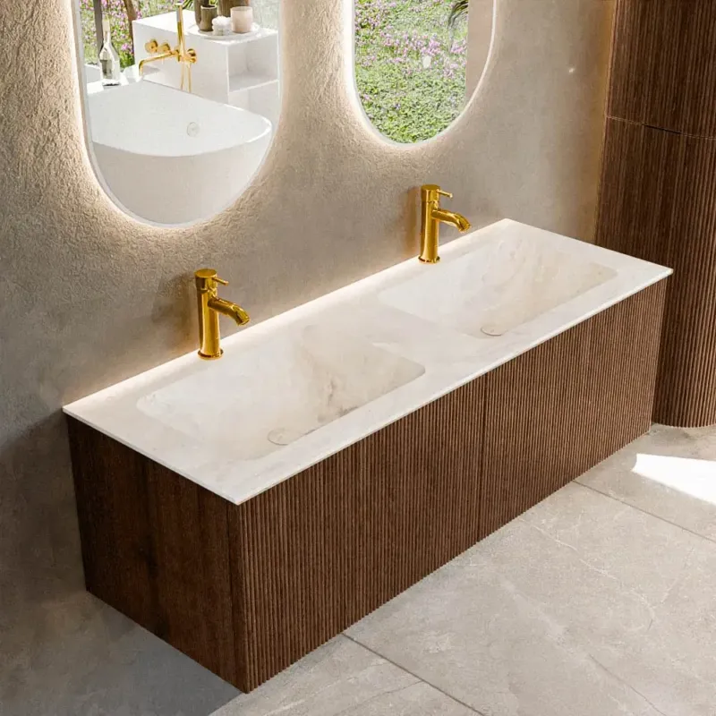 Fabrieksprijs Mondiaz Kurve-dlux 130cm badmeubel walnut met 2 lades en wastafel leaf dubbel 2 kraangaten frappe
