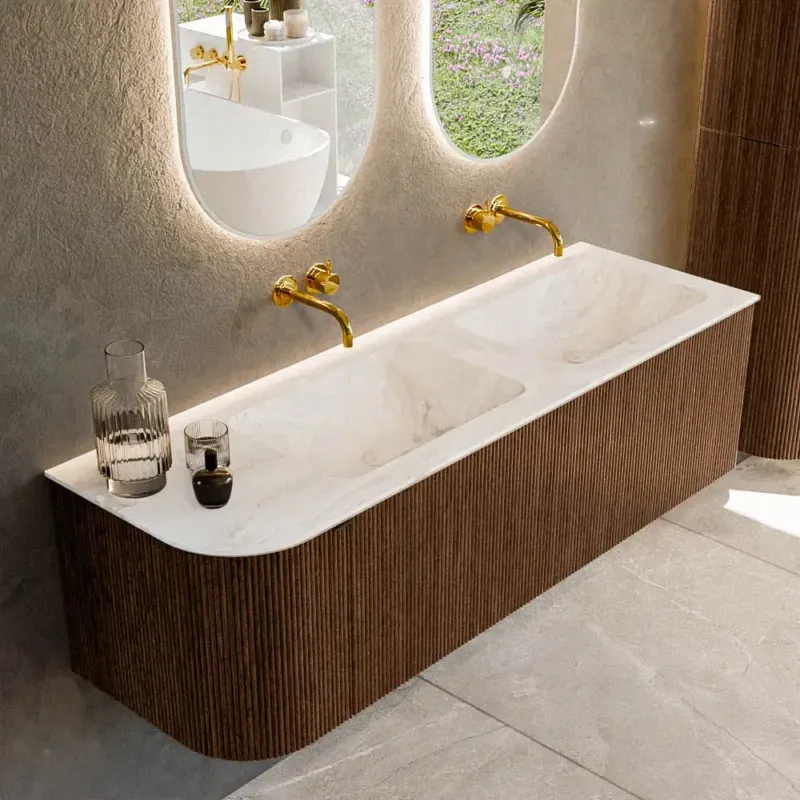 Beperkte Voorraad Mondiaz Kurve-dlux 145cm badmeubel ronding links walnut met 1 lade en deur en wastafel leaf dubbel/rechts zonder kraangat frappe